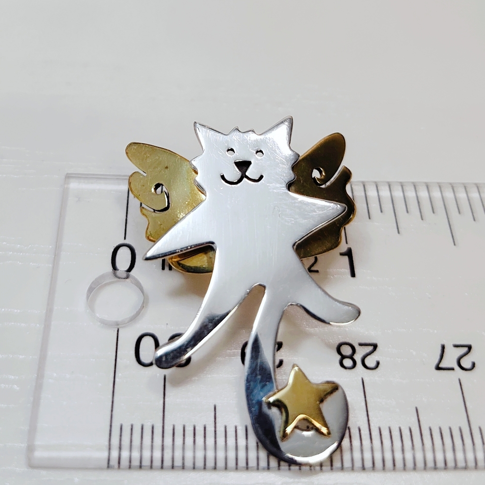 Vintage Far Fetched Sterling Silver Brass Guardian Angel Happy Cat Brooch Pin - Picture 4 of 6